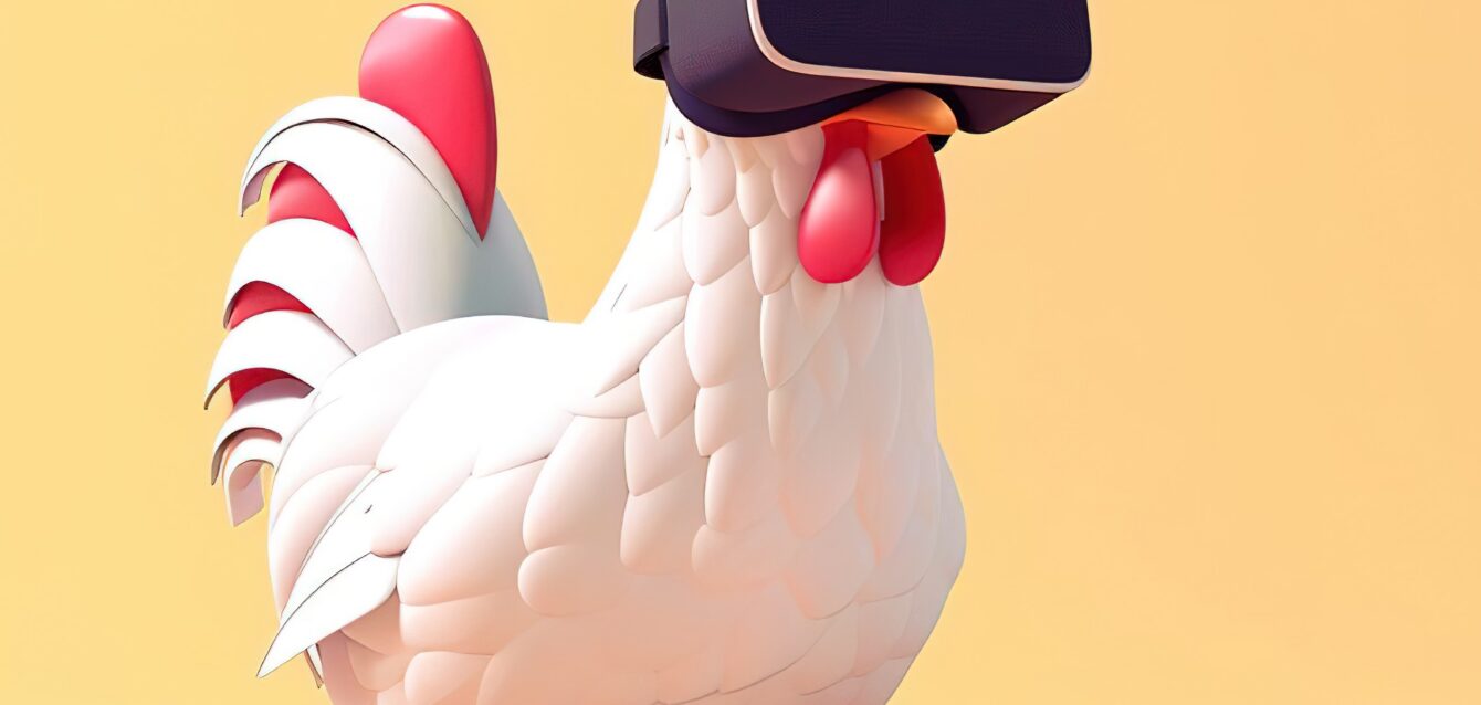A chicken wearing a VR headset, exploring the virtual world.