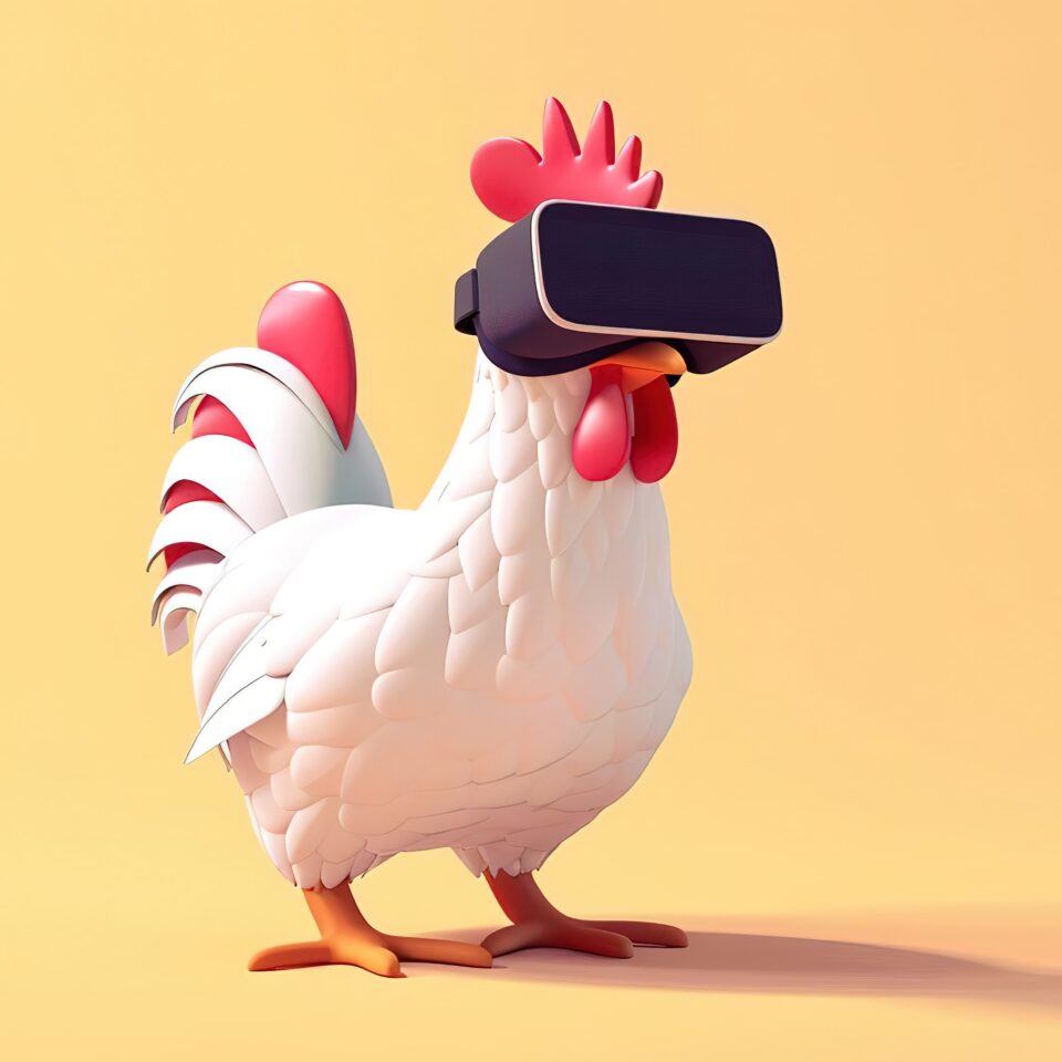 A chicken wearing a VR headset, exploring the virtual world.